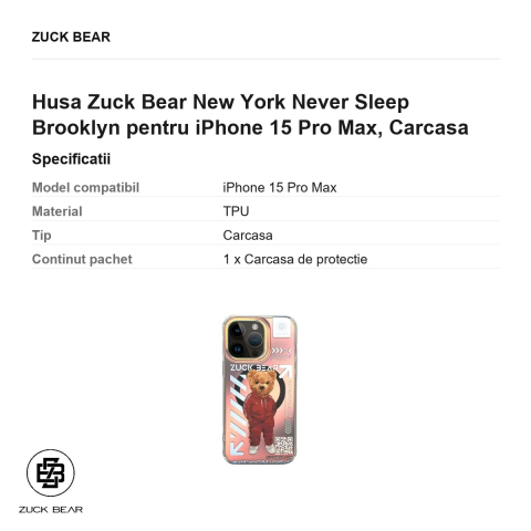 Husa Zuck Bear New York Never Sleep Brooklyn pentru iPhone 15 Pro Max, Carcasa [2]