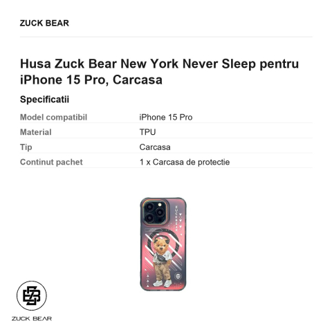 Husa Zuck Bear New York Never Sleep pentru iPhone 15 Pro, Carcasa [2]