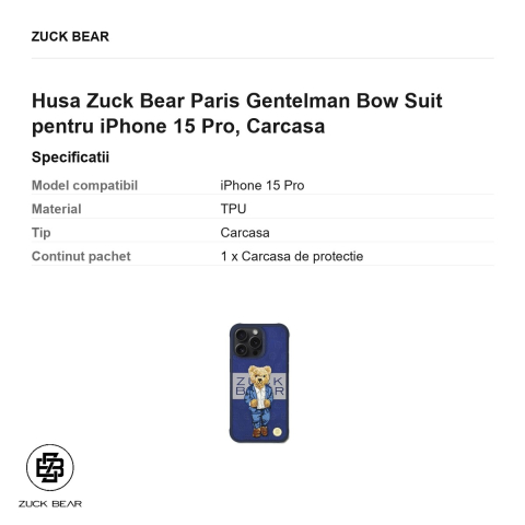 Husa Zuck Bear Paris Gentelman Bow Suit pentru iPhone 15 Pro, Carcasa [2]