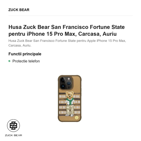 Husa Zuck Bear San Francisco Fortune State pentru iPhone 15 Pro Max, Carcasa, Auriu [1]