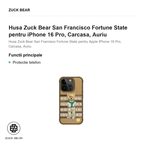 Husa Zuck Bear San Francisco Fortune State pentru iPhone 16 Pro, Carcasa, Auriu [1]