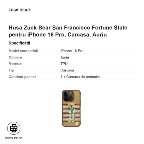 Husa Zuck Bear San Francisco Fortune State pentru iPhone 16 Pro, Carcasa, Auriu [2]