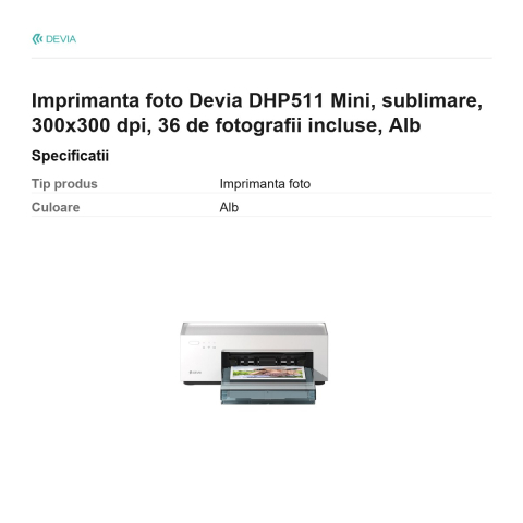 Imprimanta foto Devia DHP511 Mini, sublimare, 300x300 dpi, 36 de fotografii incluse, Alb [2]