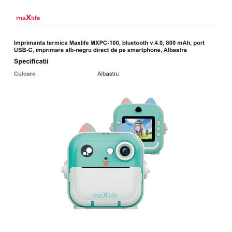 Imprimanta termica Maxlife MXPC-100, bluetooth v.4.0, 800 mAh, port USB-C, imprimare alb-negru direct de pe smartphone, Albastra [2]