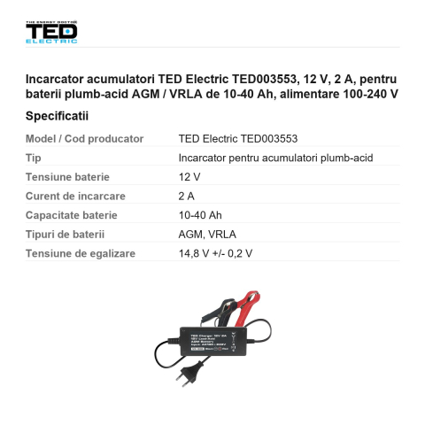 Incarcator acumulatori TED Electric TED003553, 12 V, 2 A, pentru baterii plumb-acid AGM / VRLA de 10-40 Ah, alimentare 100-240 V [2]