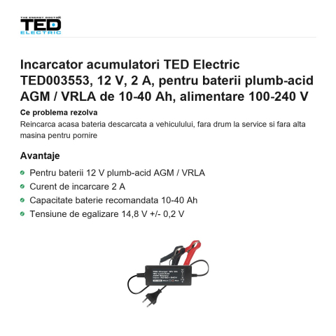 Incarcator acumulatori TED Electric TED003553, 12 V, 2 A, pentru baterii plumb-acid AGM / VRLA de 10-40 Ah, alimentare 100-240 V [1]