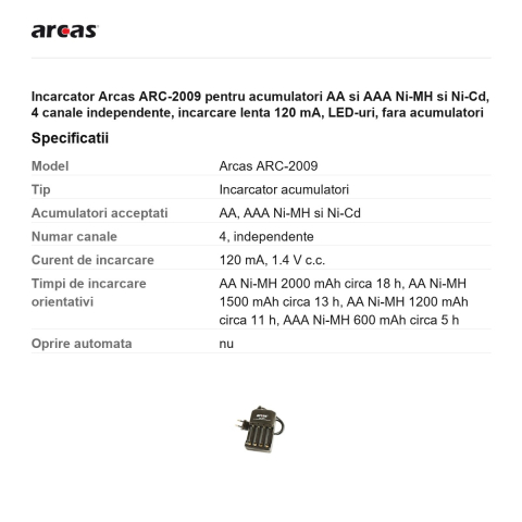 Incarcator Arcas ARC-2009 pentru acumulatori AA si AAA Ni-MH si Ni-Cd, 4 canale independente, incarcare lenta 120 mA, LED-uri, fara acumulatori [2]