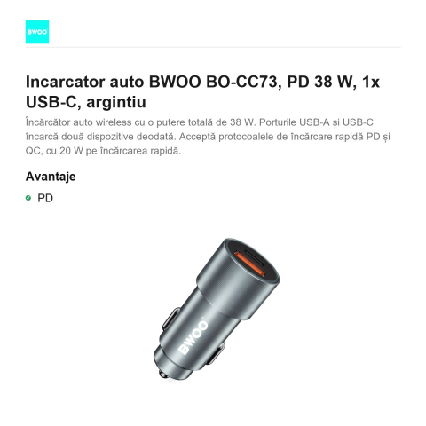 Incarcator auto BWOO BO-CC73, PD 38 W, 1x USB-C, argintiu [1]