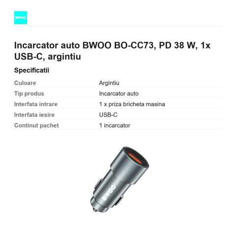 Incarcator auto BWOO BO-CC73, PD 38 W, 1x USB-C, argintiu [2]