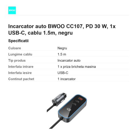 Incarcator auto BWOO CC107, PD 30 W, 1x USB-C, cablu 1.5m, negru [2]