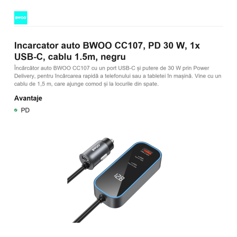 Incarcator auto BWOO CC107, PD 30 W, 1x USB-C, cablu 1.5m, negru [1]