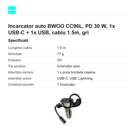 Incarcator auto BWOO CC96L, PD 30 W, 1x USB-C + 1x USB, cablu 1.5m, gri [2]