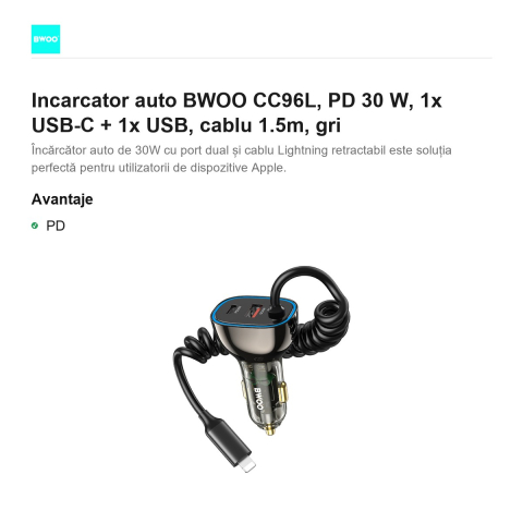 Incarcator auto BWOO CC96L, PD 30 W, 1x USB-C + 1x USB, cablu 1.5m, gri [1]