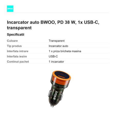 Incarcator auto BWOO, PD 38 W, 1x USB-C, transparent [2]