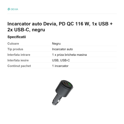 Incarcator auto Devia, PD QC 116 W, 1x USB + 2x USB-C, negru [2]