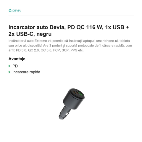 Incarcator auto Devia, PD QC 116 W, 1x USB + 2x USB-C, negru [1]