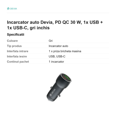 Incarcator auto Devia, PD QC 30 W, 1x USB + 1x USB-C, gri inchis [2]