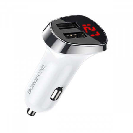 Incarcator auto dual USB, cu afisaj LED, Borofone BZ15, DC 12-24V, 5V 2.4 A, alb [1]