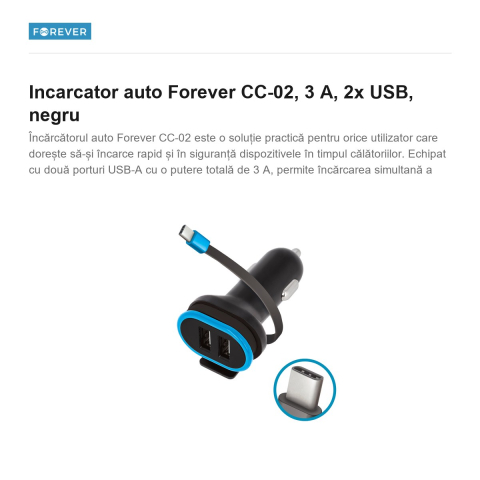 Incarcator auto Forever CC-02, 3 A, 2x USB, negru [1]