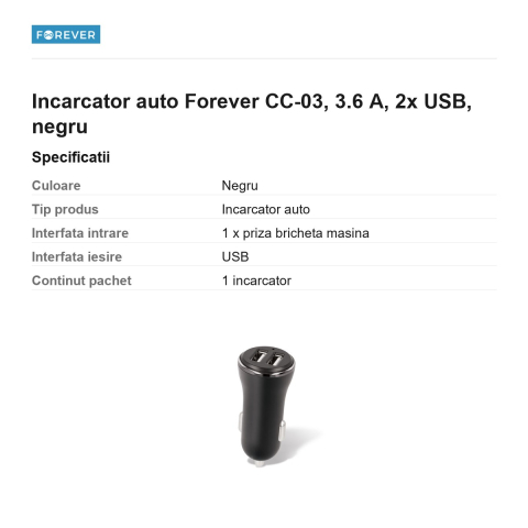 Incarcator auto Forever CC-03, 3.6 A, 2x USB, negru [2]