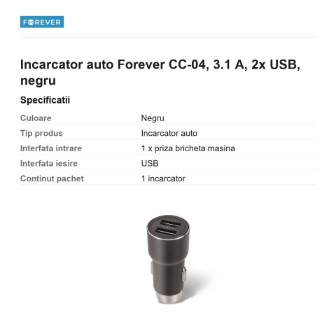 Incarcator auto Forever CC-04, 3.1 A, 2x USB, negru [2]