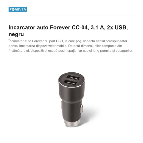 Incarcator auto Forever CC-04, 3.1 A, 2x USB, negru [1]