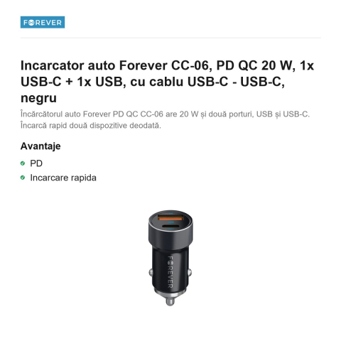 Incarcator auto Forever CC-06, PD QC 20 W, 1x USB-C + 1x USB, cu cablu USB-C - USB-C, negru [1]