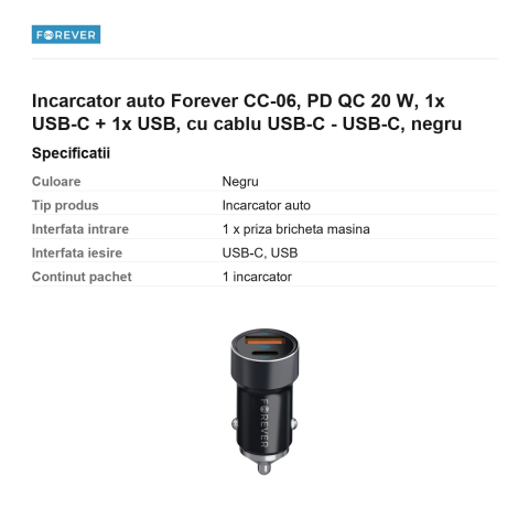 Incarcator auto Forever CC-06, PD QC 20 W, 1x USB-C + 1x USB, cu cablu USB-C - USB-C, negru [2]