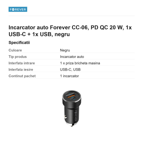 Incarcator auto Forever CC-06, PD QC 20 W, 1x USB-C + 1x USB, negru [2]