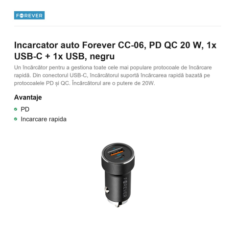 Incarcator auto Forever CC-06, PD QC 20 W, 1x USB-C + 1x USB, negru [1]