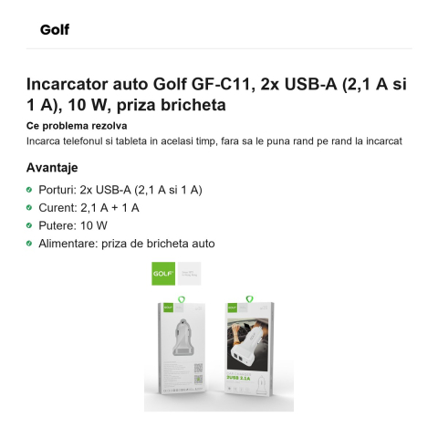 Incarcator auto Golf GF-C11, 2x USB-A (2,1 A si 1 A), 10 W, priza bricheta [1]