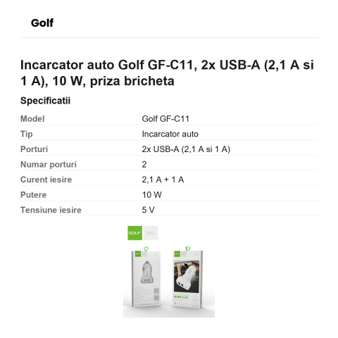 Incarcator auto Golf GF-C11, 2x USB-A (2,1 A si 1 A), 10 W, priza bricheta [2]