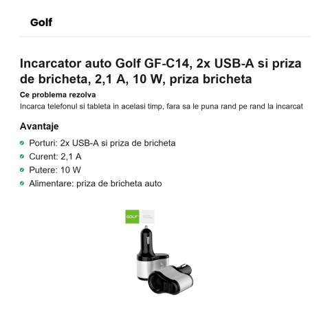 Incarcator auto Golf GF-C14, 2x USB-A si priza de bricheta, 2,1 A, 10 W, priza bricheta [1]