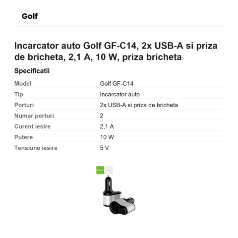 Incarcator auto Golf GF-C14, 2x USB-A si priza de bricheta, 2,1 A, 10 W, priza bricheta [2]