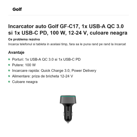 Incarcator auto Golf GF-C17, 1x USB-A QC 3.0 si 1x USB-C PD, 100 W, 12-24 V, culoare neagra [1]