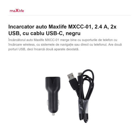Incarcator auto Maxlife MXCC-01, 2.4 A, 2x USB, cu cablu USB-C, negru [1]