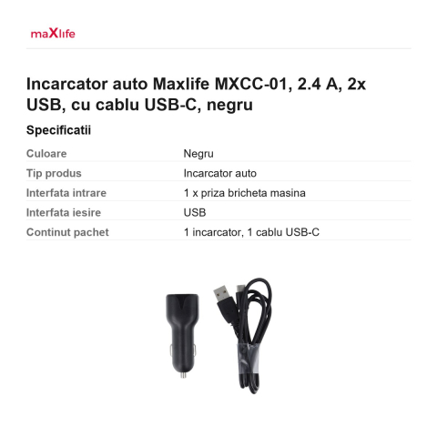 Incarcator auto Maxlife MXCC-01, 2.4 A, 2x USB, cu cablu USB-C, negru [2]