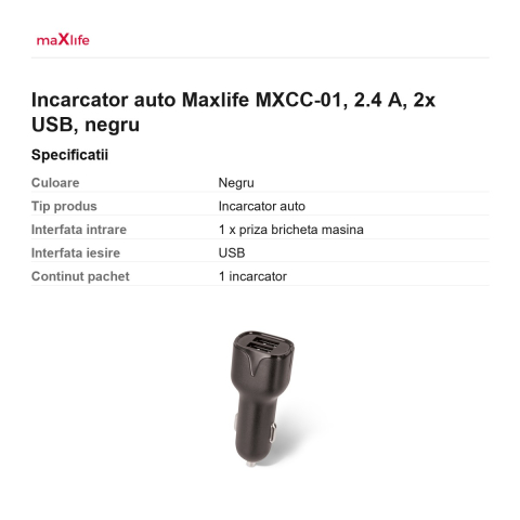 Incarcator auto Maxlife MXCC-01, 2.4 A, 2x USB, negru [2]
