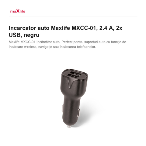 Incarcator auto Maxlife MXCC-01, 2.4 A, 2x USB, negru [1]