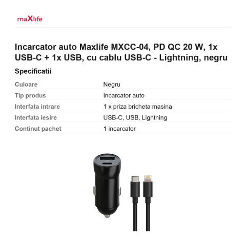 Incarcator auto Maxlife MXCC-04, PD QC 20 W, 1x USB-C + 1x USB, cu cablu USB-C - Lightning, negru [2]