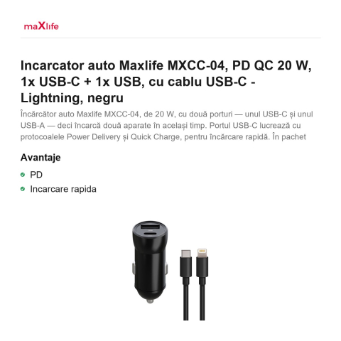 Incarcator auto Maxlife MXCC-04, PD QC 20 W, 1x USB-C + 1x USB, cu cablu USB-C - Lightning, negru [1]
