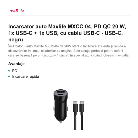 Incarcator auto Maxlife MXCC-04, PD QC 20 W, 1x USB-C + 1x USB, cu cablu USB-C - USB-C, negru [1]