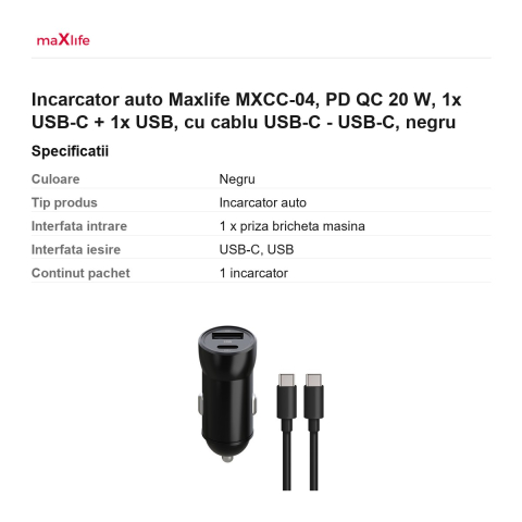 Incarcator auto Maxlife MXCC-04, PD QC 20 W, 1x USB-C + 1x USB, cu cablu USB-C - USB-C, negru [2]