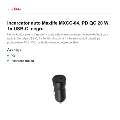 Incarcator auto Maxlife MXCC-04, PD QC 20 W, 1x USB-C, negru [1]