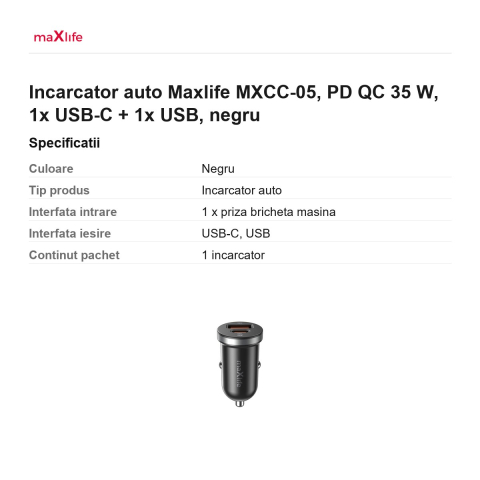 Incarcator auto Maxlife MXCC-05, PD QC 35 W, 1x USB-C + 1x USB, negru [2]