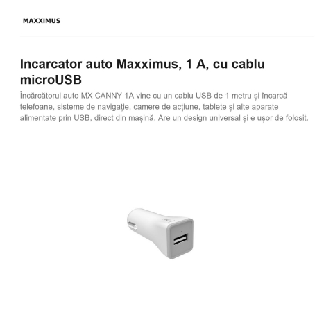 Incarcator auto Maxximus, 1 A, cu cablu microUSB [1]