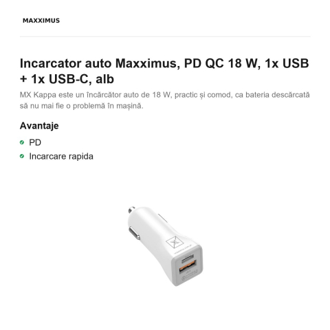 Incarcator auto Maxximus, PD QC 18 W, 1x USB + 1x USB-C, alb [1]