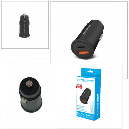 Incarcator auto rapid 20W, cu port USB-C si USB-A, Esperanza, PD, QC 3.0, intrare 12-24V, negru [4]
