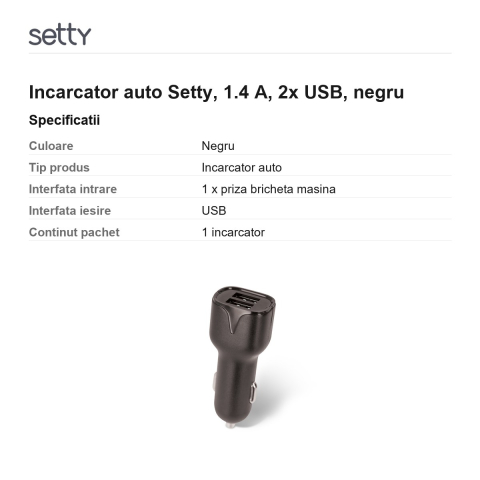 Incarcator auto Setty, 1.4 A, 2x USB, negru [2]