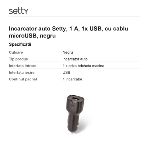 Incarcator auto Setty, 1 A, 1x USB, cu cablu microUSB, negru [2]